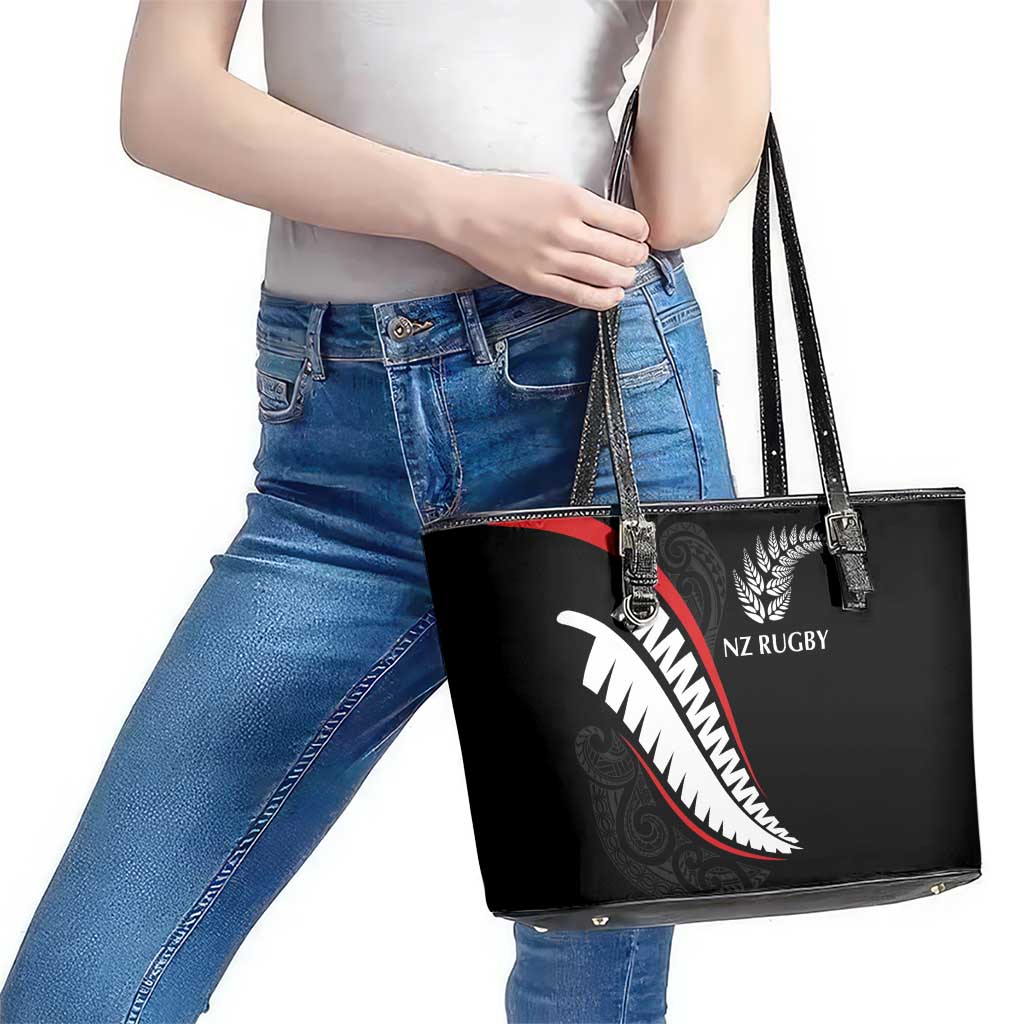New Zealand Rugby Leather Tote Bag Sporty Silver Fern Shape with Maori Tattoos LT03 - Polynesian Pride