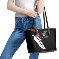 New Zealand Rugby Leather Tote Bag Sporty Silver Fern Shape with Maori Tattoos LT03 - Polynesian Pride