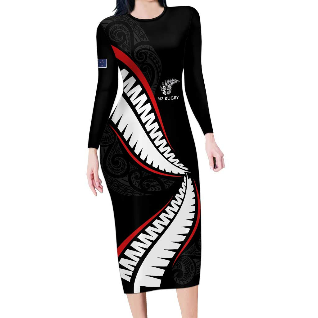 New Zealand Rugby Custom Long Sleeve Bodycon Dress Sporty Silver Fern Shape with Maori Tattoos - Polynesian Pride