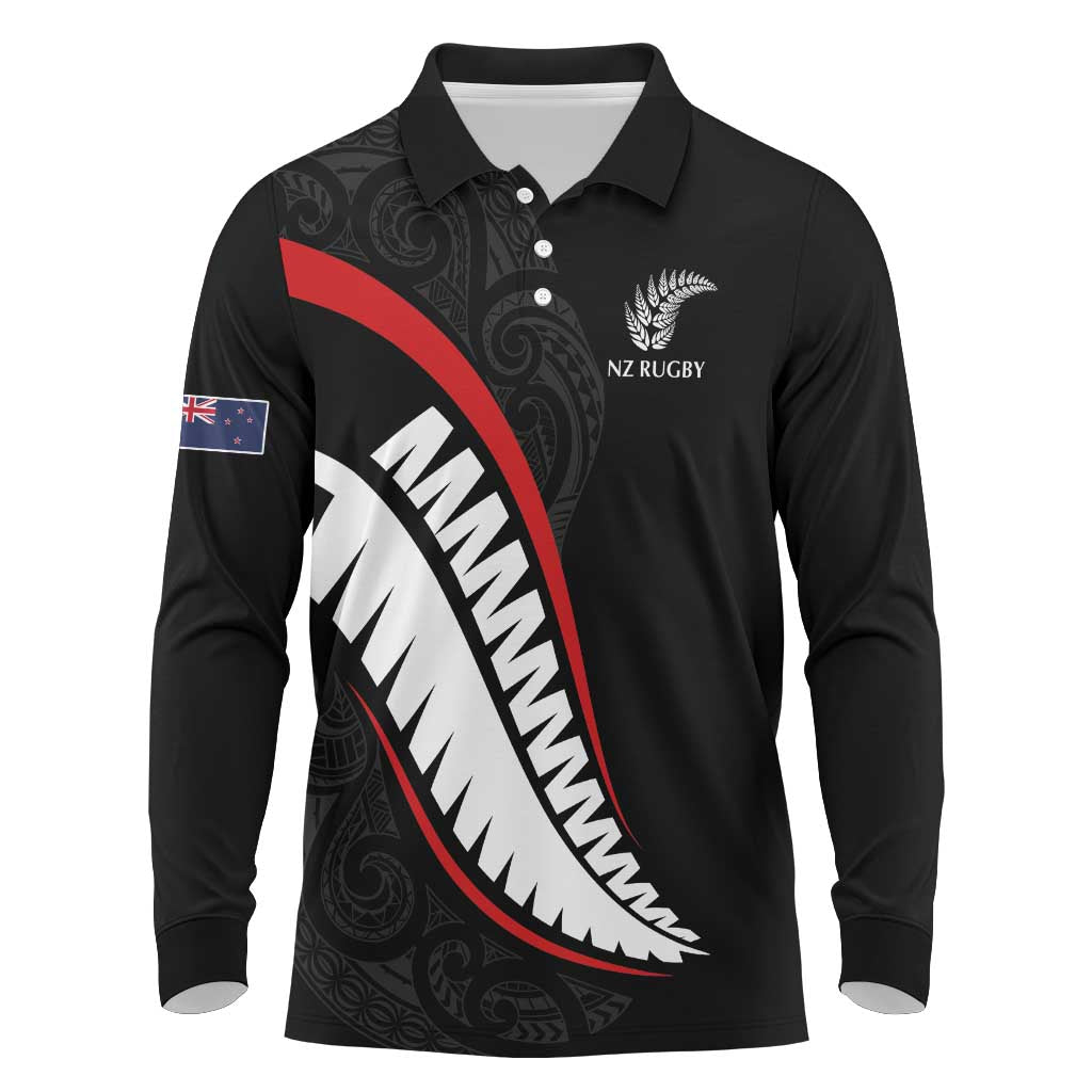 New Zealand Rugby Custom Long Sleeve Polo Shirt Sporty Silver Fern Shape with Maori Tattoos - Polynesian Pride
