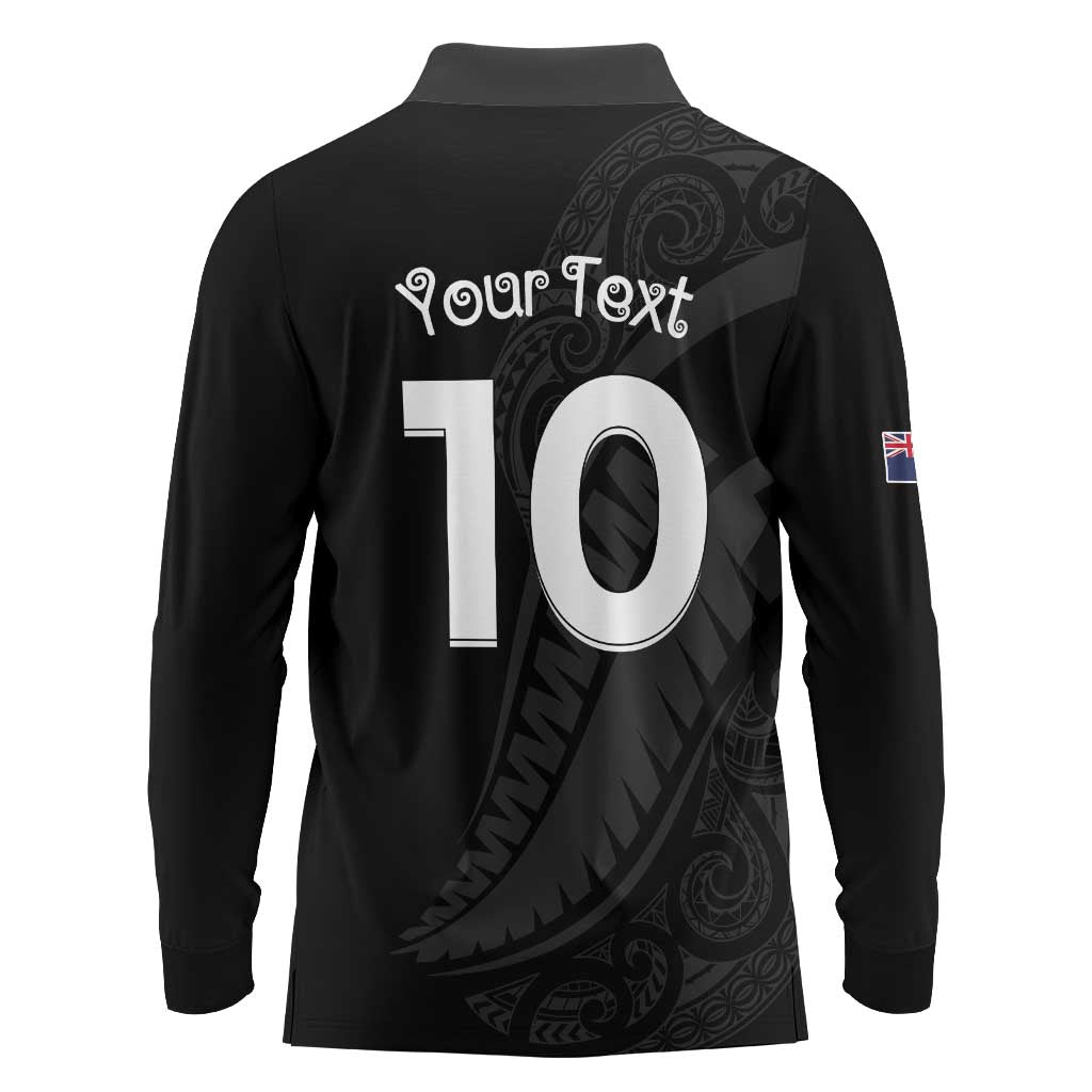New Zealand Rugby Custom Long Sleeve Polo Shirt Sporty Silver Fern Shape with Maori Tattoos - Polynesian Pride