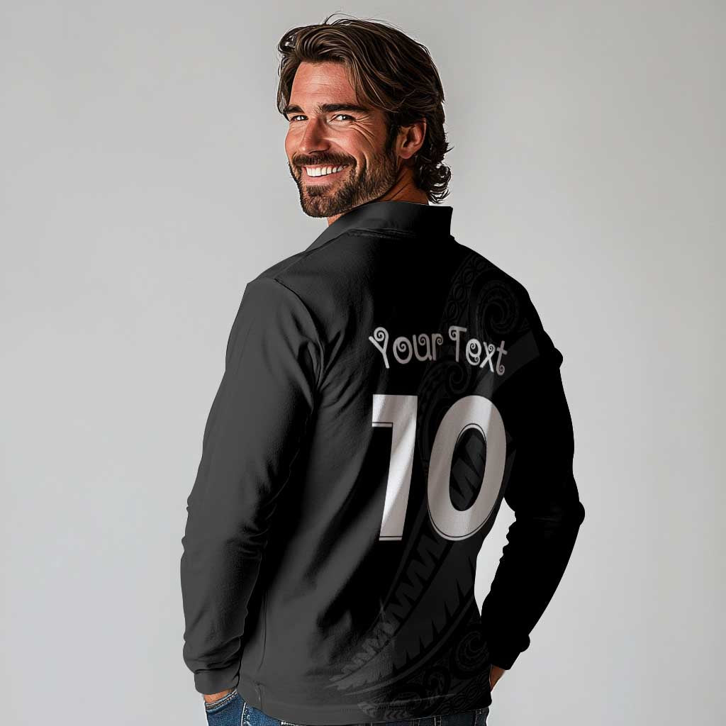 New Zealand Rugby Custom Long Sleeve Polo Shirt Sporty Silver Fern Shape with Maori Tattoos - Polynesian Pride