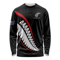 New Zealand Rugby Custom Long Sleeve Shirt Sporty Silver Fern Shape with Maori Tattoos LT03 Unisex Black - Polynesian Pride