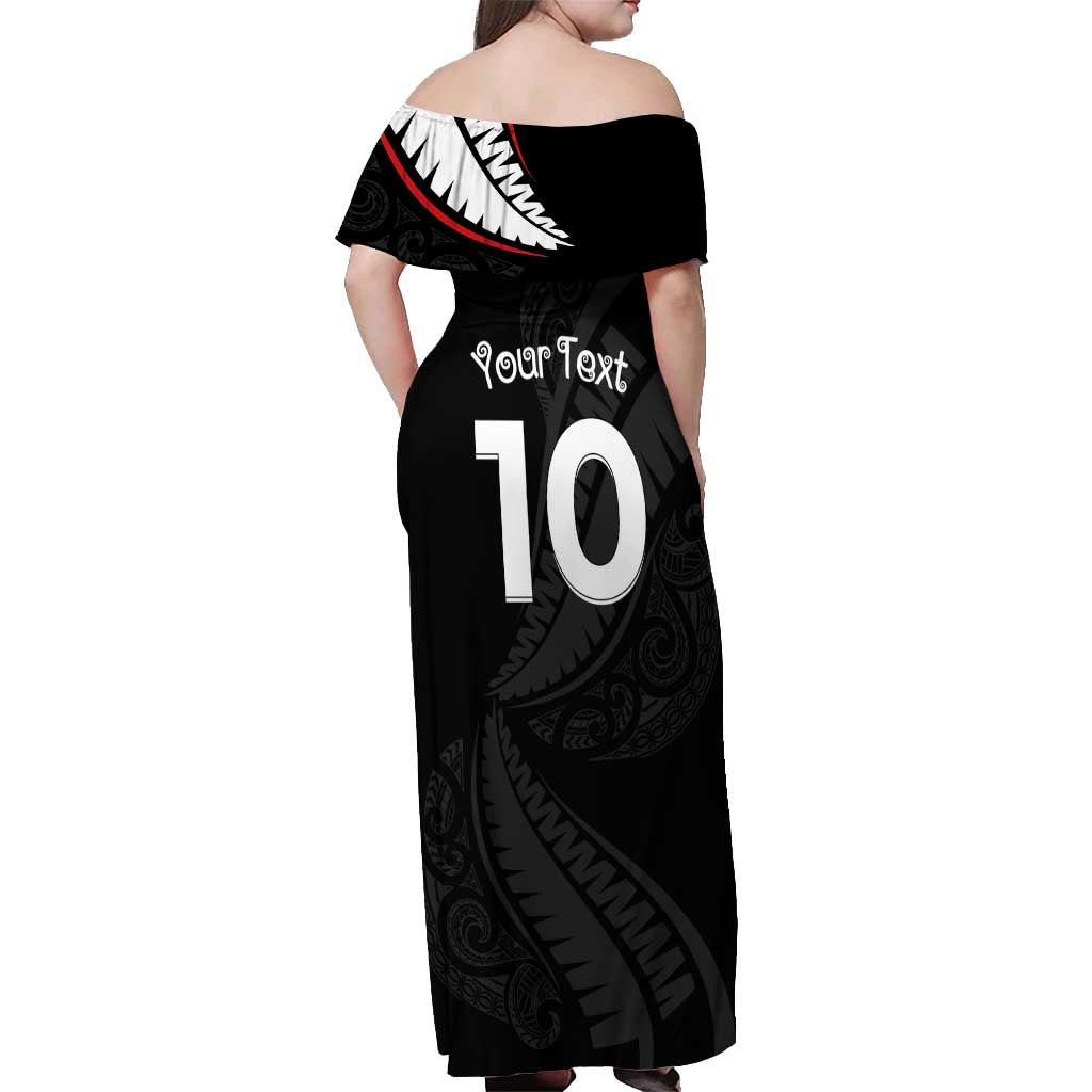 New Zealand Rugby Custom Off Shoulder Maxi Dress Sporty Silver Fern Shape with Maori Tattoos LT03 - Polynesian Pride