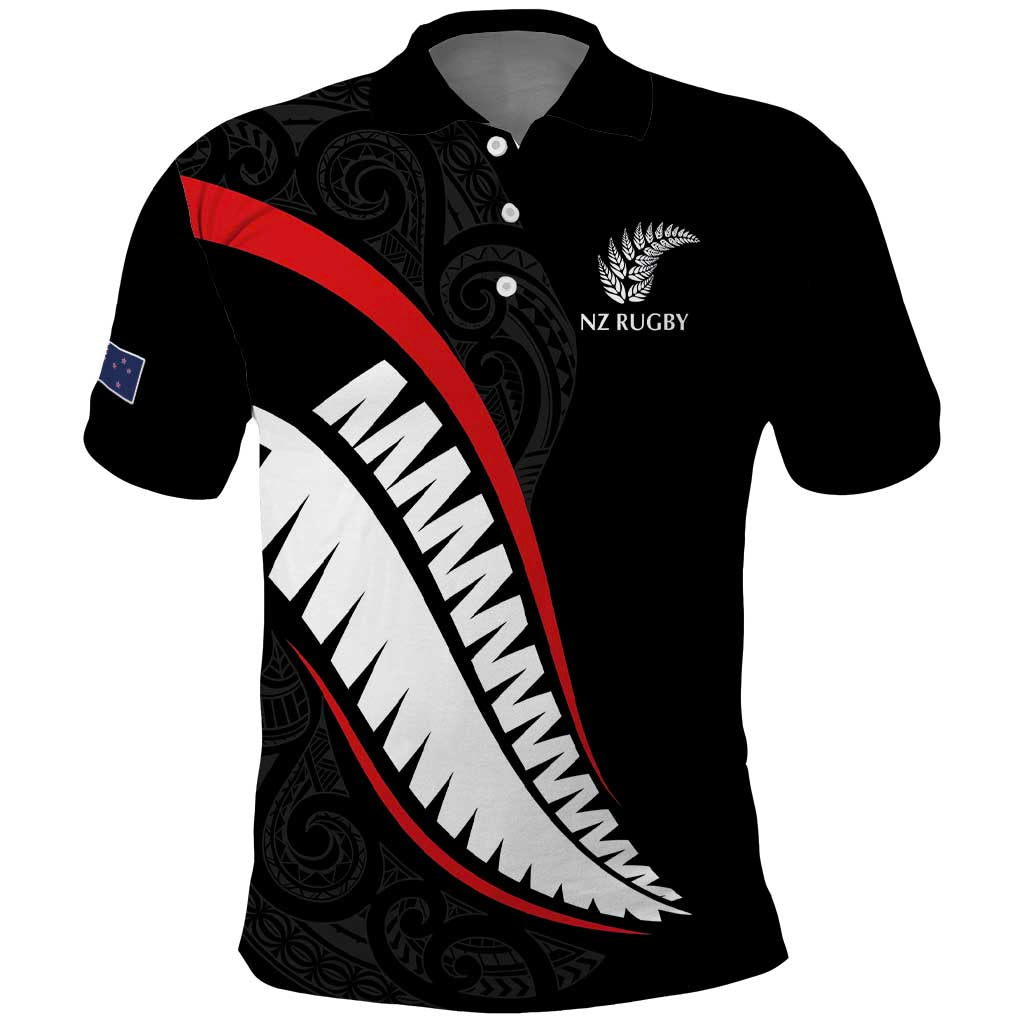 New Zealand Rugby Custom Polo Shirt Sporty Silver Fern Shape with Maori Tattoos LT03 Black - Polynesian Pride
