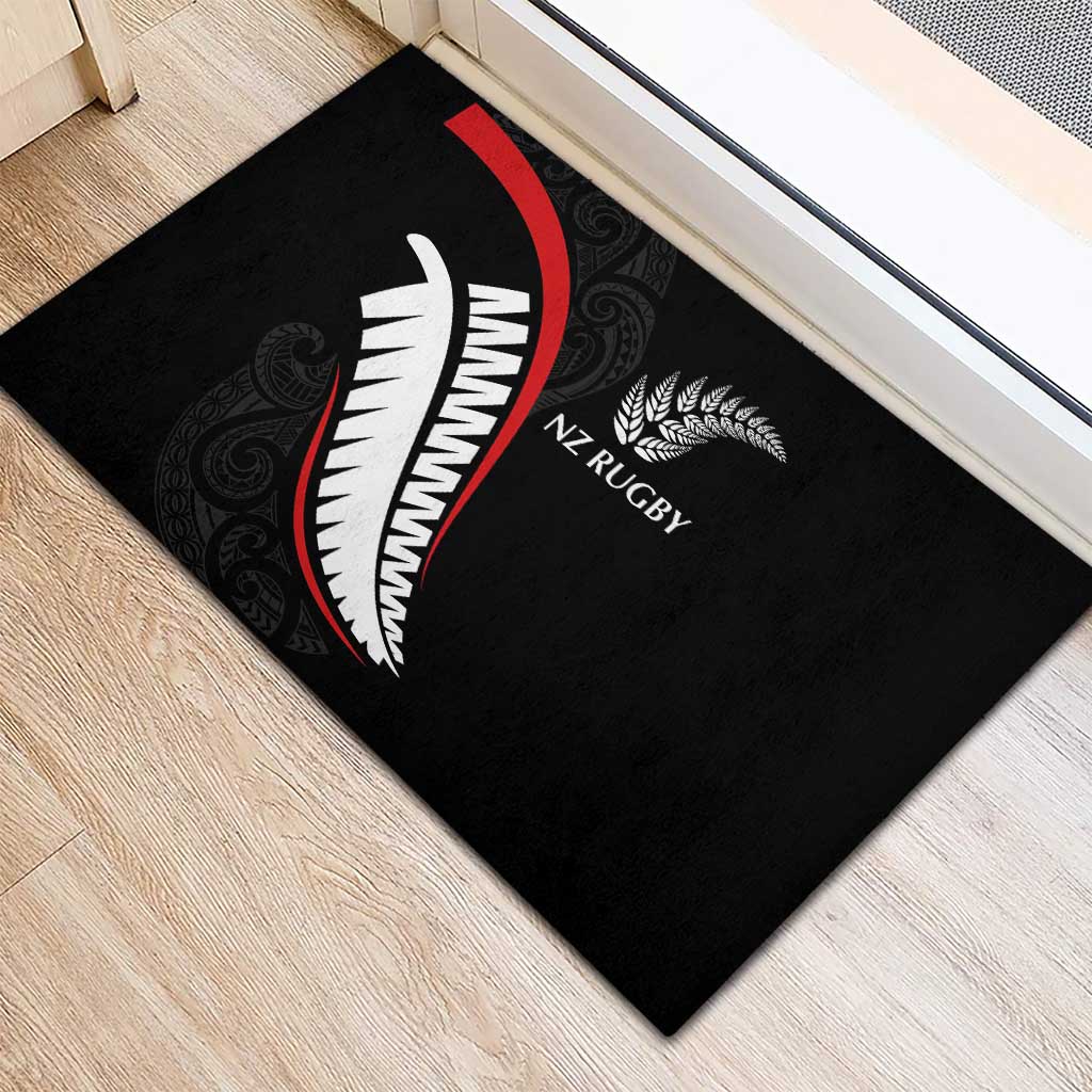 New Zealand Rugby Rubber Doormat Sporty Silver Fern Shape with Maori Tattoos - Polynesian Pride