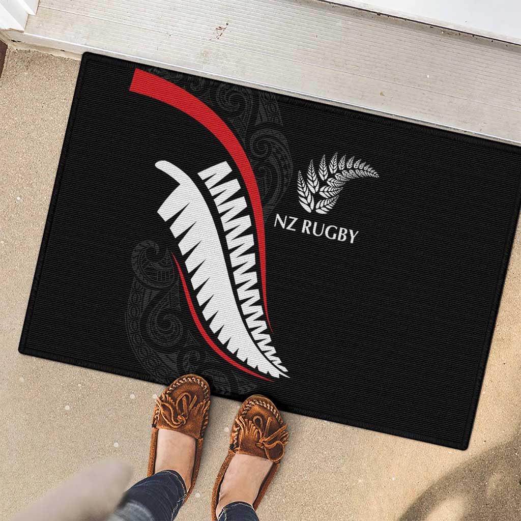 New Zealand Rugby Rubber Doormat Sporty Silver Fern Shape with Maori Tattoos - Polynesian Pride