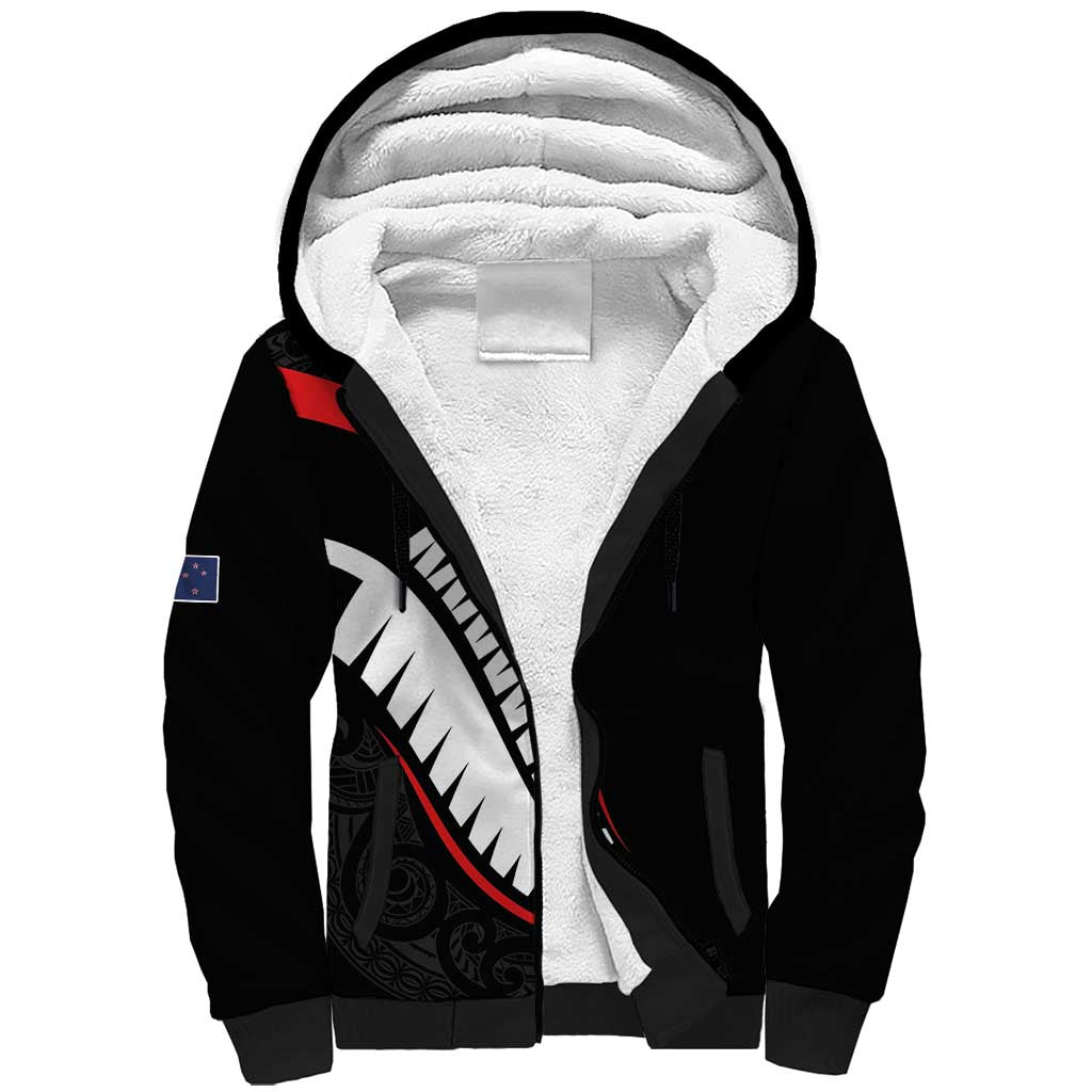 New Zealand Rugby Custom Sherpa Hoodie Sporty Silver Fern Shape with Maori Tattoos LT03 Unisex Black - Polynesian Pride