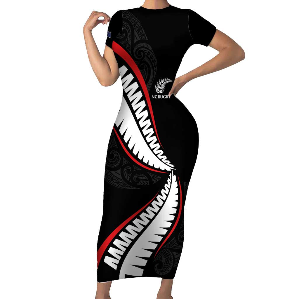 New Zealand Rugby Custom Short Sleeve Bodycon Dress Sporty Silver Fern Shape with Maori Tattoos - Polynesian Pride