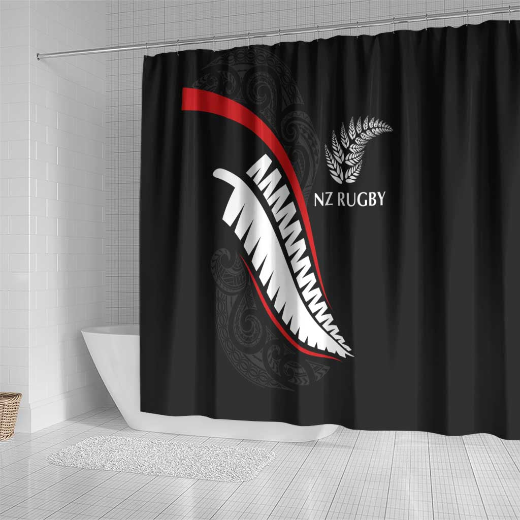 New Zealand Rugby Shower Curtain Sporty Silver Fern Shape with Maori Tattoos - Polynesian Pride