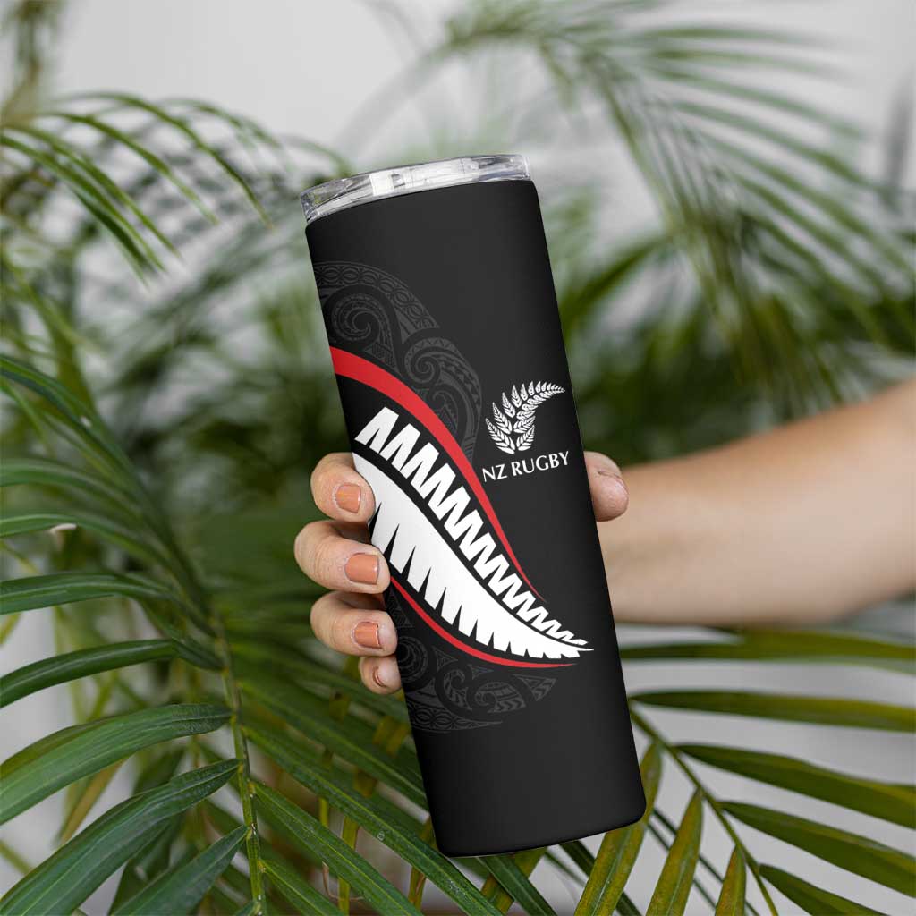 New Zealand Rugby Custom Skinny Tumbler Sporty Silver Fern Shape with Maori Tattoos - Polynesian Pride