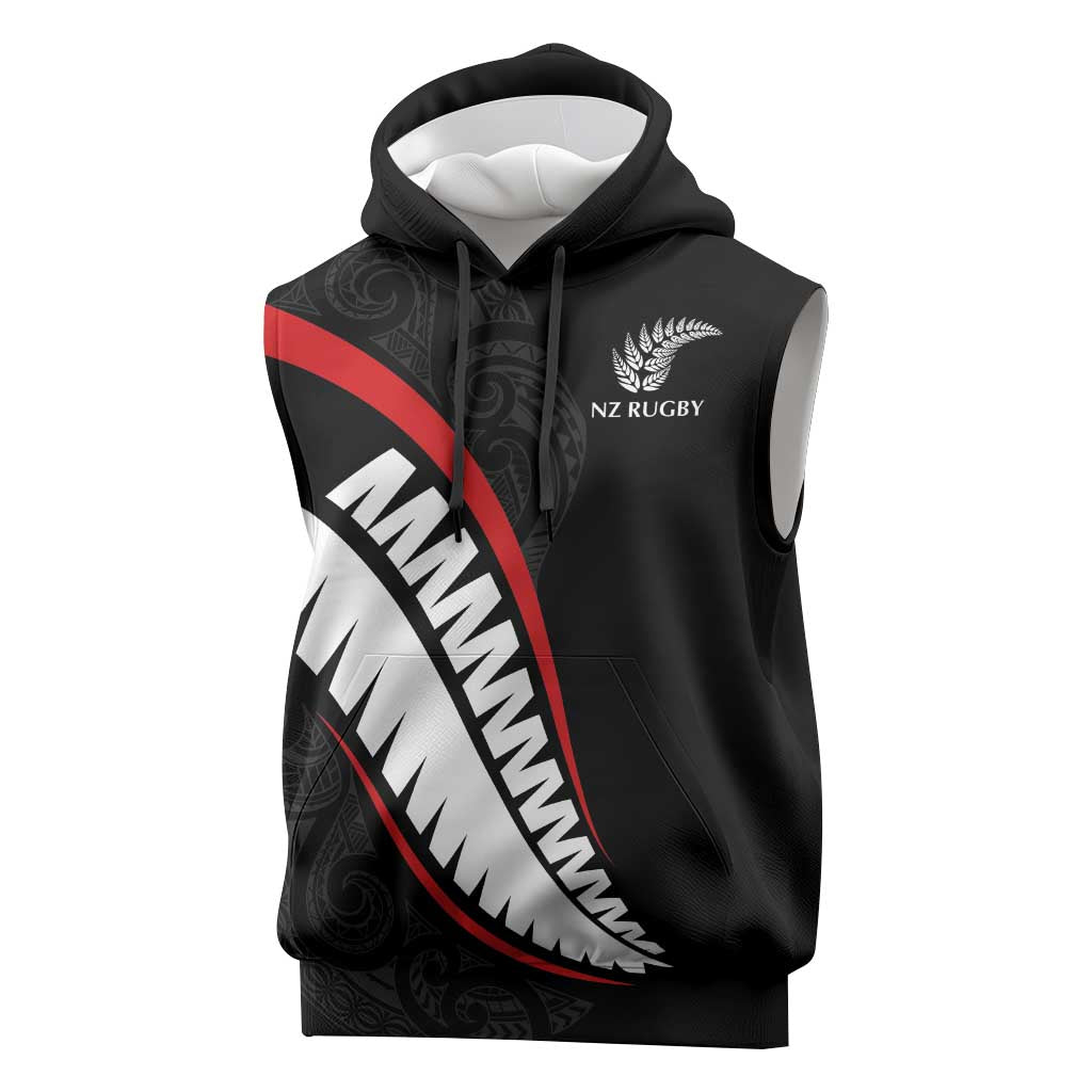 New Zealand Rugby Custom Sleeveless Hoodie Sporty Silver Fern Shape with Maori Tattoos - Polynesian Pride