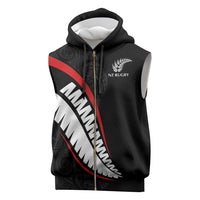 New Zealand Rugby Custom Sleeveless Zip Hoodie Sporty Silver Fern Shape with Maori Tattoos - Polynesian Pride