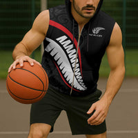 New Zealand Rugby Custom Sleeveless Zip Hoodie Sporty Silver Fern Shape with Maori Tattoos - Polynesian Pride