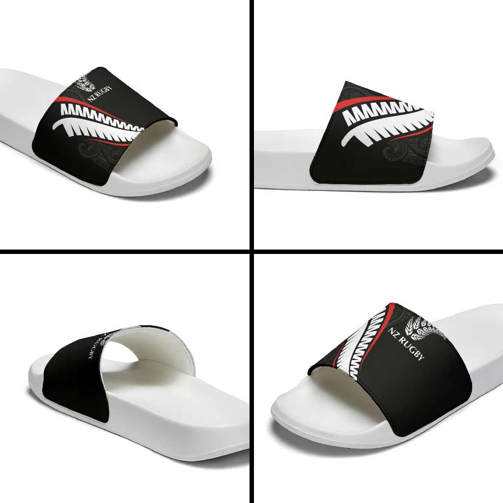 New Zealand Rugby Slide Sandals Sporty Silver Fern Shape with Maori Tattoos - Polynesian Pride