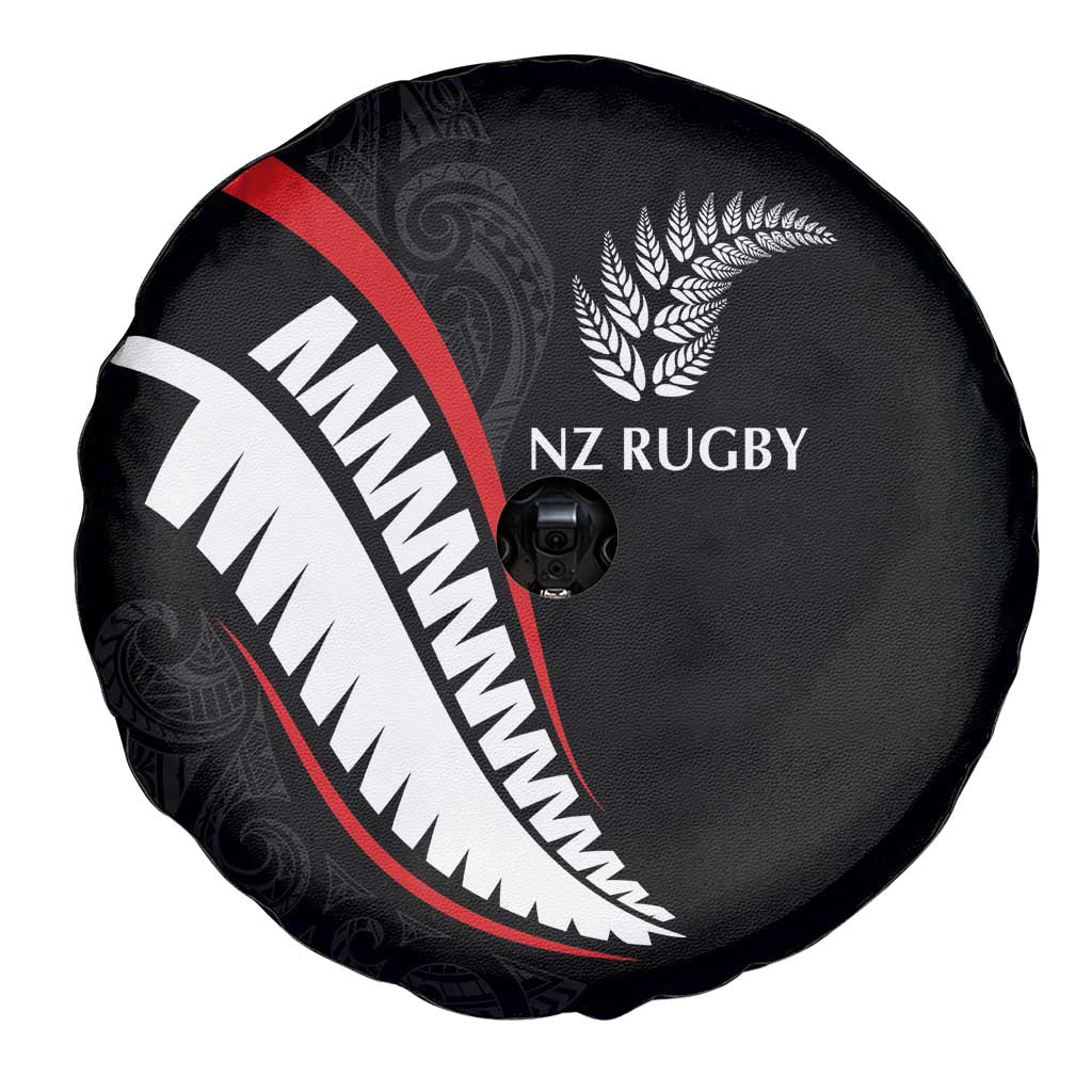 New Zealand Rugby Spare Tire Cover Sporty Silver Fern Shape with Maori Tattoos - Polynesian Pride