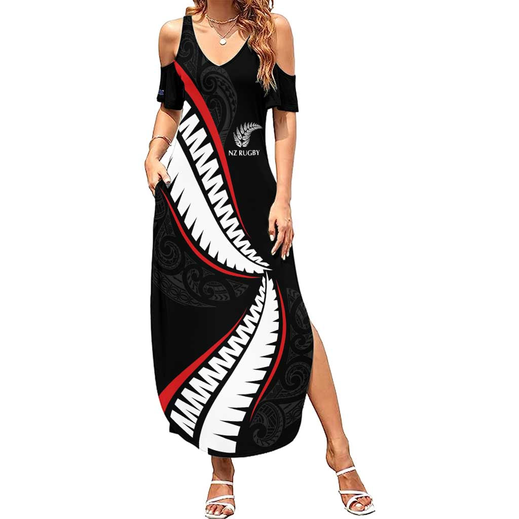 New Zealand Rugby Custom Summer Maxi Dress Sporty Silver Fern Shape with Maori Tattoos - Polynesian Pride