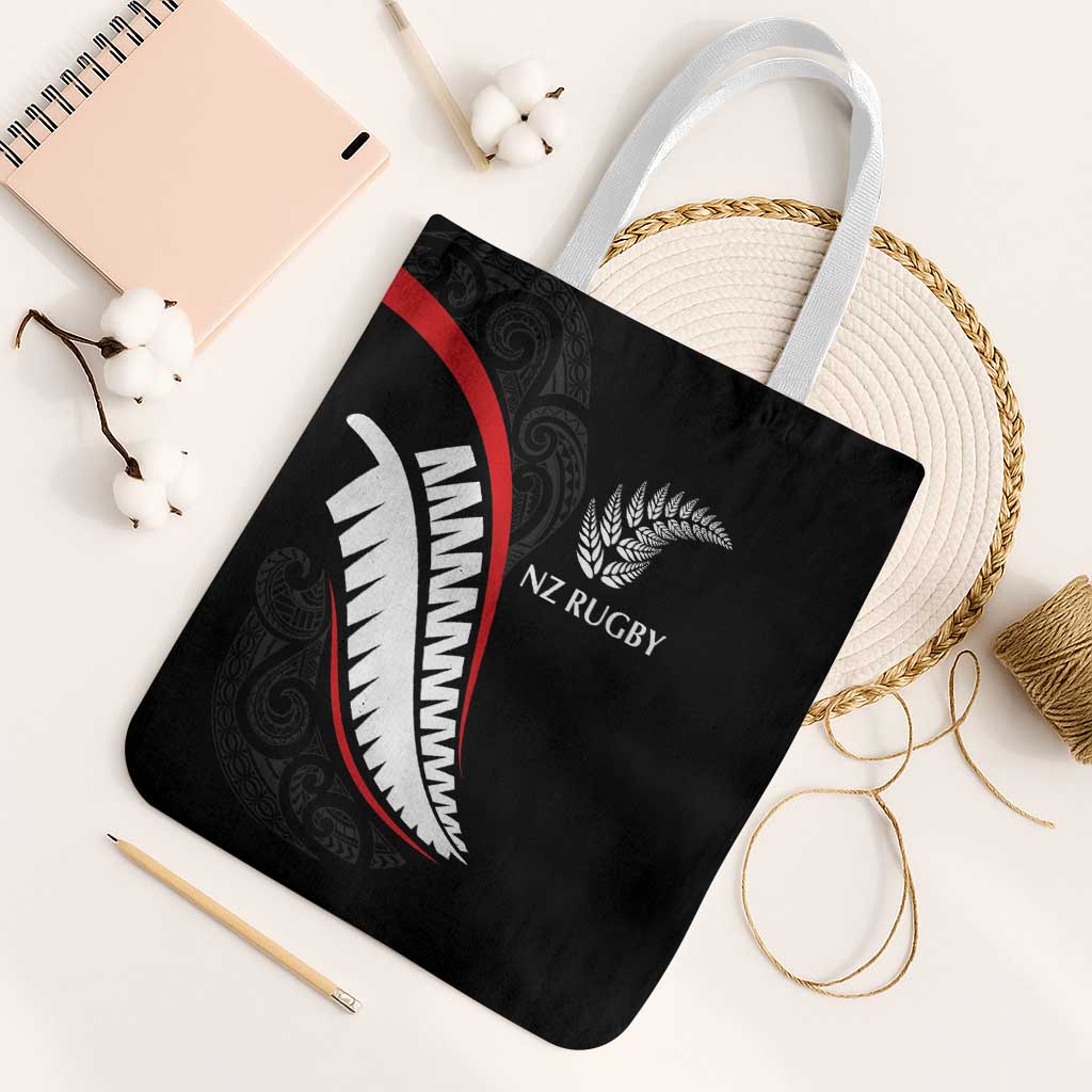 New Zealand Rugby Tote Bag Sporty Silver Fern Shape with Maori Tattoos - Polynesian Pride