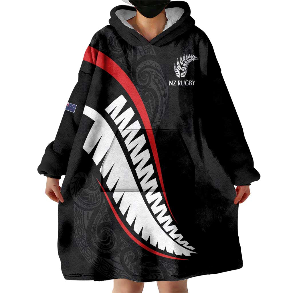 New Zealand Rugby Custom Wearable Blanket Hoodie Sporty Silver Fern Shape with Maori Tattoos LT03 - Polynesian Pride