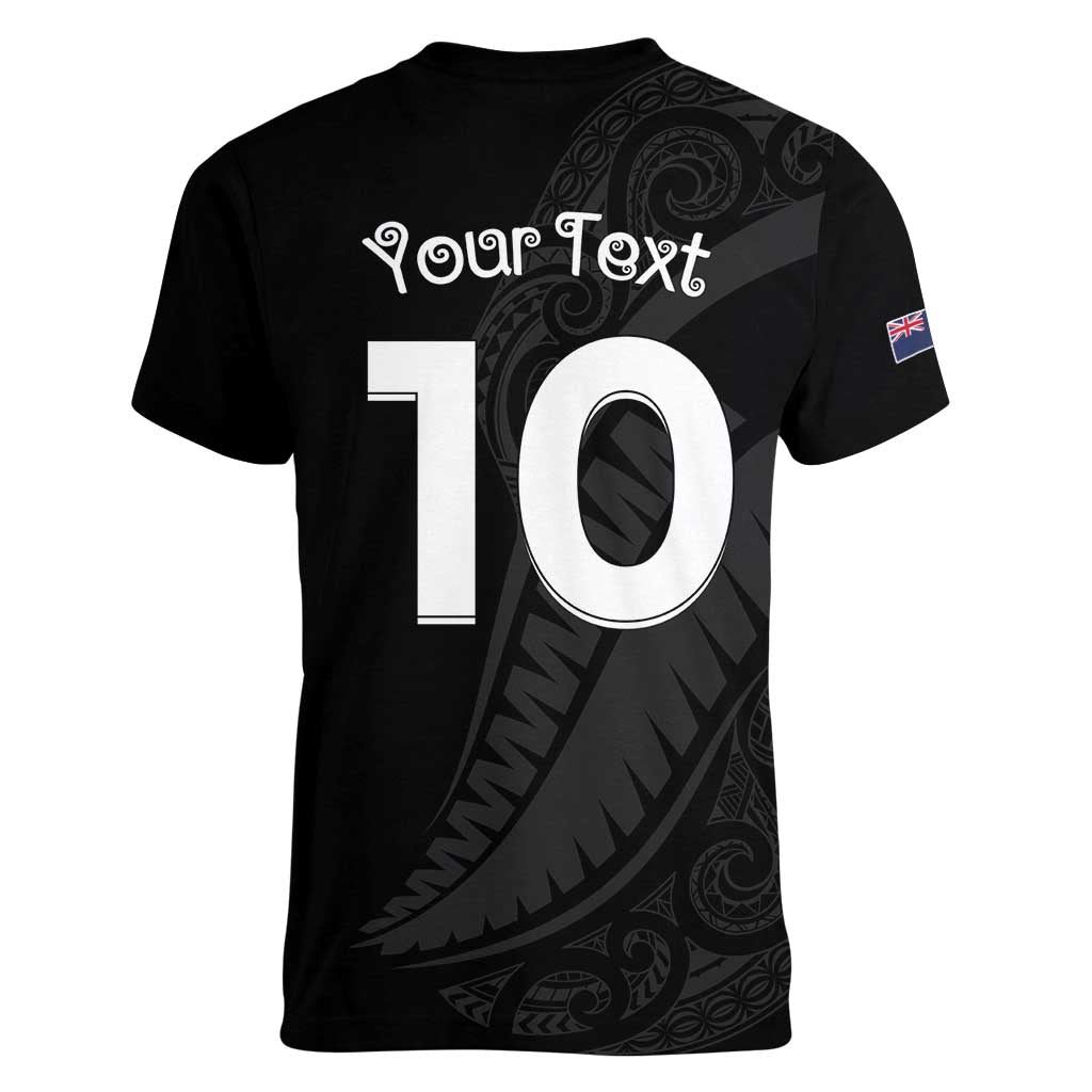 New Zealand Rugby Custom Women V-Neck T-Shirt Sporty Silver Fern Shape with Maori Tattoos - Polynesian Pride
