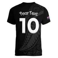 New Zealand Rugby Custom Women V-Neck T-Shirt Sporty Silver Fern Shape with Maori Tattoos - Polynesian Pride
