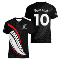 New Zealand Rugby Custom Women V-Neck T-Shirt Sporty Silver Fern Shape with Maori Tattoos - Polynesian Pride