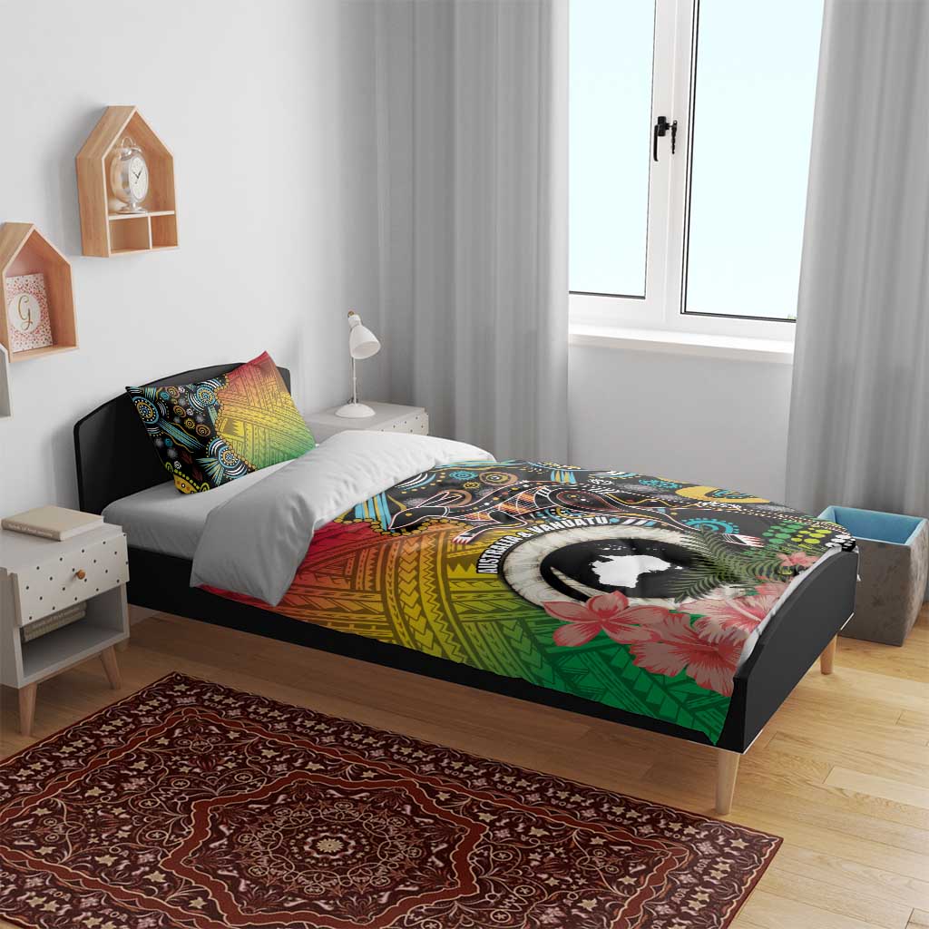 Vanuatu and Australia Together Bedding Set Kangaroo with Pig Tusk Indigenous Pattern