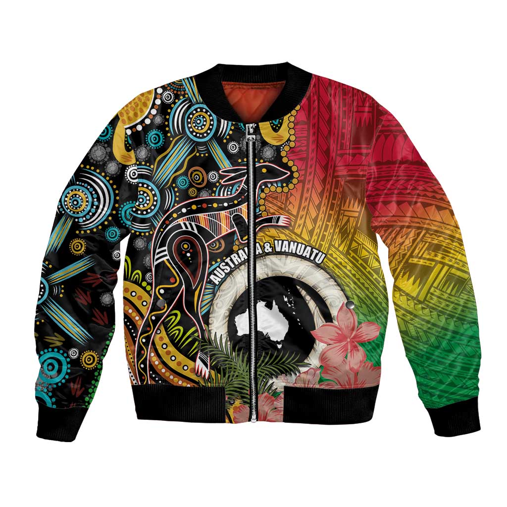 Vanuatu and Australia Together Bomber Jacket Kangaroo with Pig Tusk Indigenous Pattern