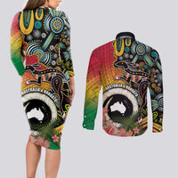 Vanuatu and Australia Together Couples Matching Long Sleeve Bodycon Dress and Long Sleeve Button Shirt Kangaroo with Pig Tusk Indigenous Pattern LT03 - Polynesian Pride