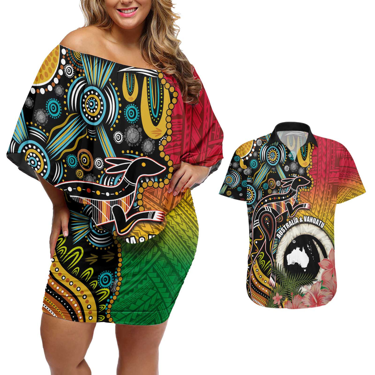 Vanuatu and Australia Together Couples Matching Off Shoulder Short Dress and Hawaiian Shirt Kangaroo with Pig Tusk Indigenous Pattern LT03 Black - Polynesian Pride