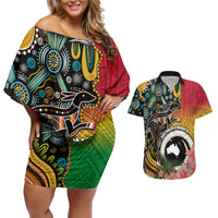 Vanuatu and Australia Together Couples Matching Off Shoulder Short Dress and Hawaiian Shirt Kangaroo with Pig Tusk Indigenous Pattern LT03 Black - Polynesian Pride