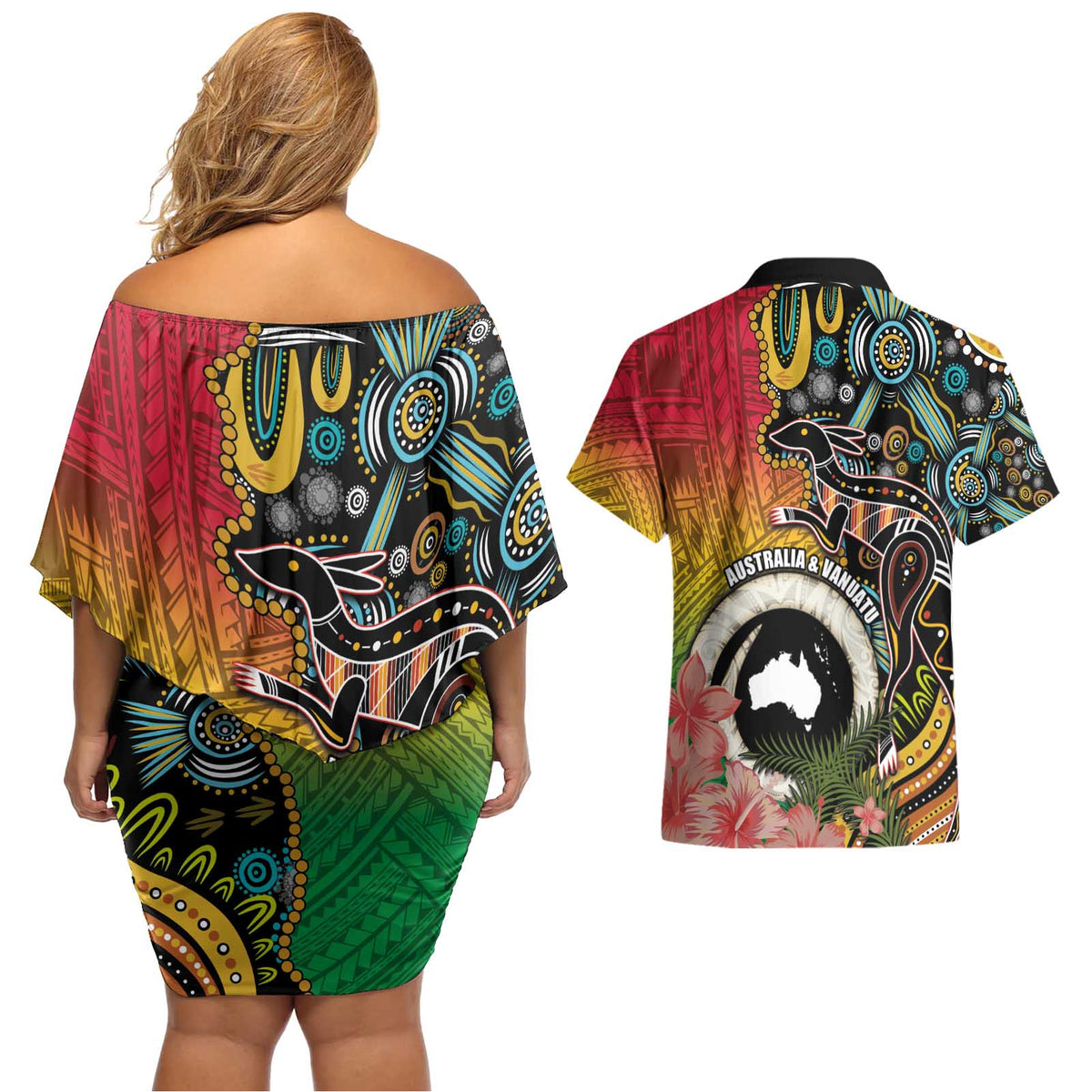 Vanuatu and Australia Together Couples Matching Off Shoulder Short Dress and Hawaiian Shirt Kangaroo with Pig Tusk Indigenous Pattern LT03 - Polynesian Pride