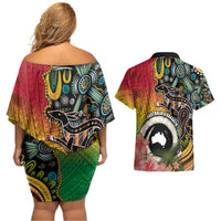 Vanuatu and Australia Together Couples Matching Off Shoulder Short Dress and Hawaiian Shirt Kangaroo with Pig Tusk Indigenous Pattern LT03 - Polynesian Pride
