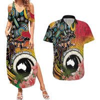 Vanuatu and Australia Together Couples Matching Summer Maxi Dress and Hawaiian Shirt Kangaroo with Pig Tusk Indigenous Pattern LT03 Black - Polynesian Pride