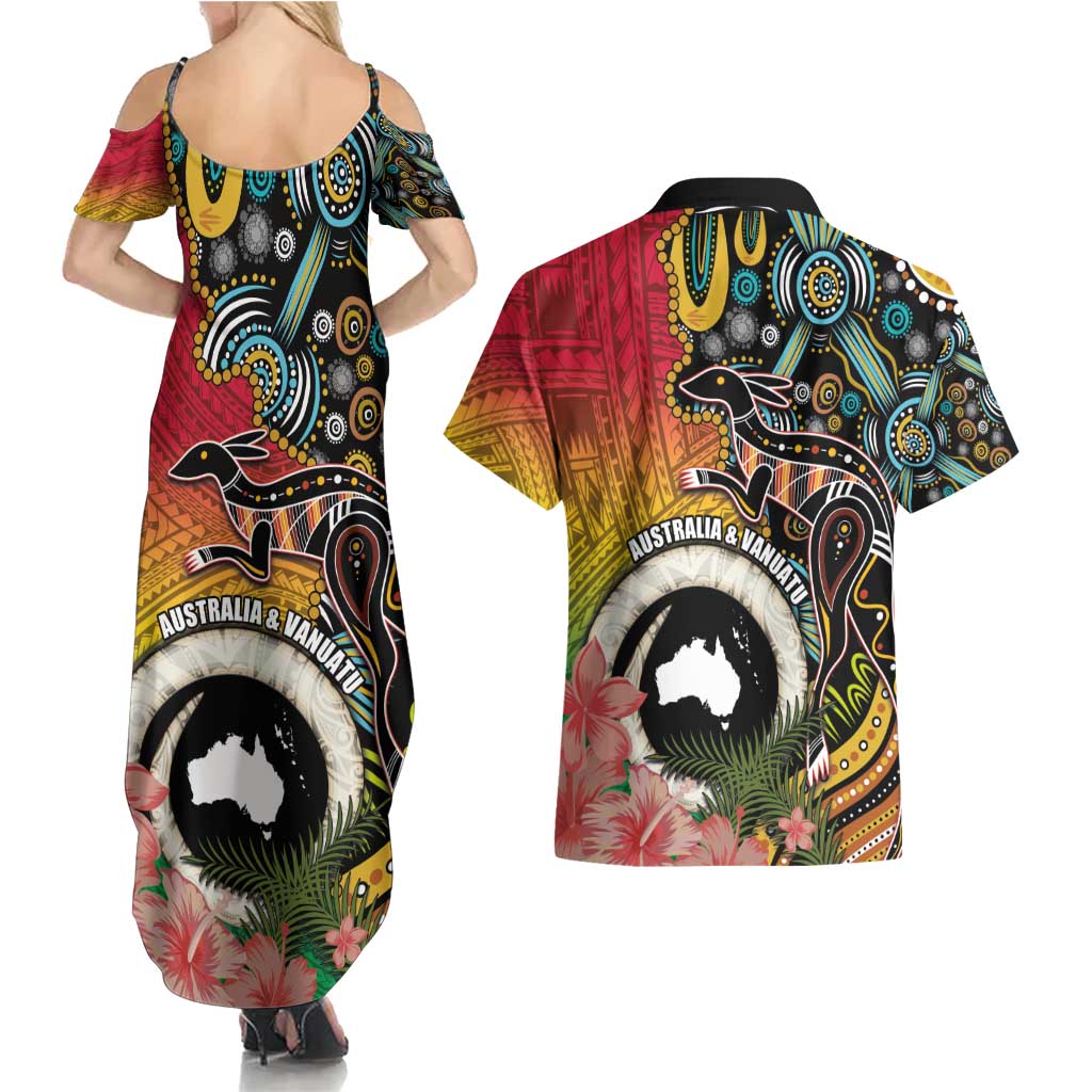 Vanuatu and Australia Together Couples Matching Summer Maxi Dress and Hawaiian Shirt Kangaroo with Pig Tusk Indigenous Pattern LT03 - Polynesian Pride