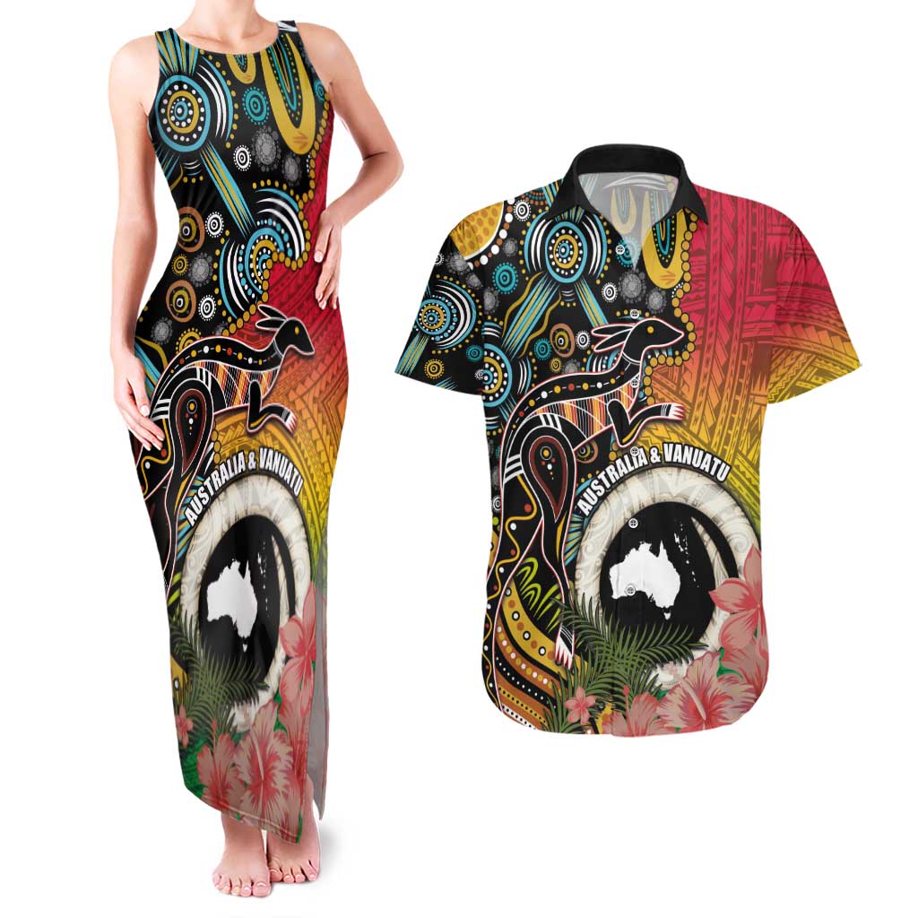 Vanuatu and Australia Together Couples Matching Tank Maxi Dress and Hawaiian Shirt Kangaroo with Pig Tusk Indigenous Pattern LT03 Black - Polynesian Pride