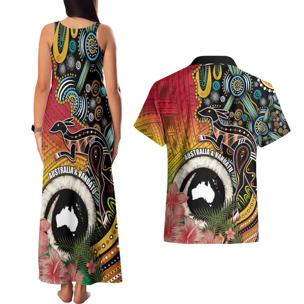 Vanuatu and Australia Together Couples Matching Tank Maxi Dress and Hawaiian Shirt Kangaroo with Pig Tusk Indigenous Pattern LT03 - Polynesian Pride