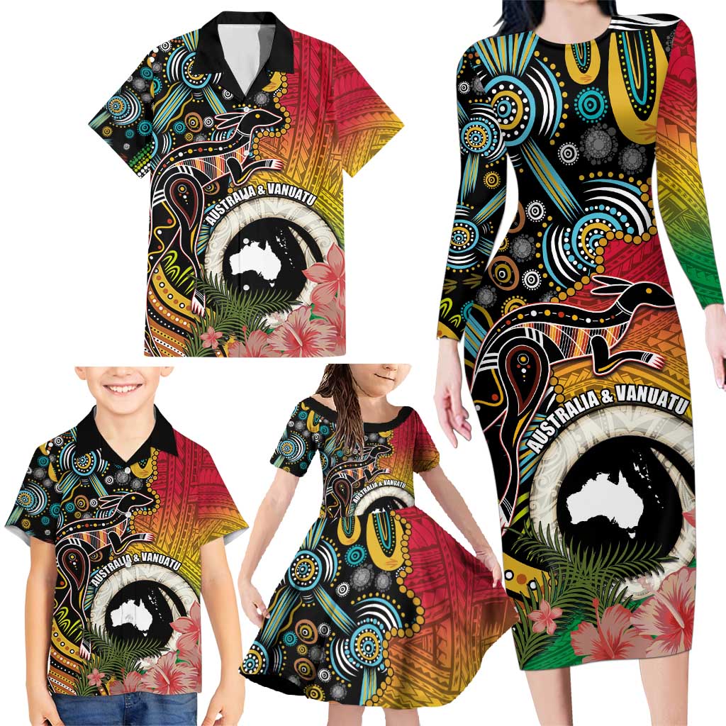 Vanuatu and Australia Together Family Matching Long Sleeve Bodycon Dress and Hawaiian Shirt Kangaroo with Pig Tusk Indigenous Pattern LT03 - Polynesian Pride