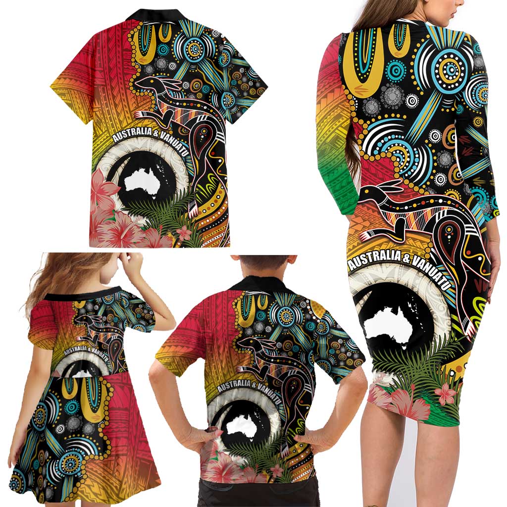 Vanuatu and Australia Together Family Matching Long Sleeve Bodycon Dress and Hawaiian Shirt Kangaroo with Pig Tusk Indigenous Pattern LT03 - Polynesian Pride