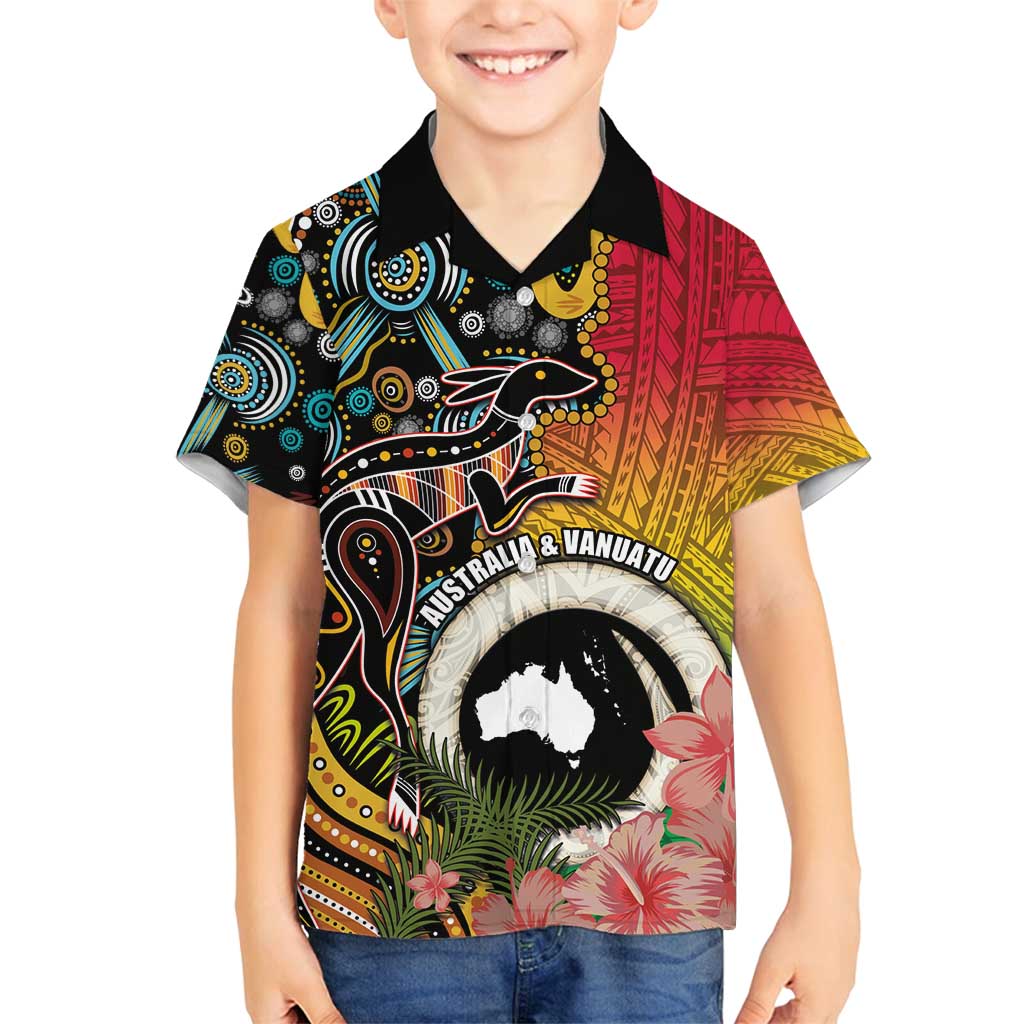 Vanuatu and Australia Together Family Matching Long Sleeve Bodycon Dress and Hawaiian Shirt Kangaroo with Pig Tusk Indigenous Pattern LT03 Son's Shirt Black - Polynesian Pride