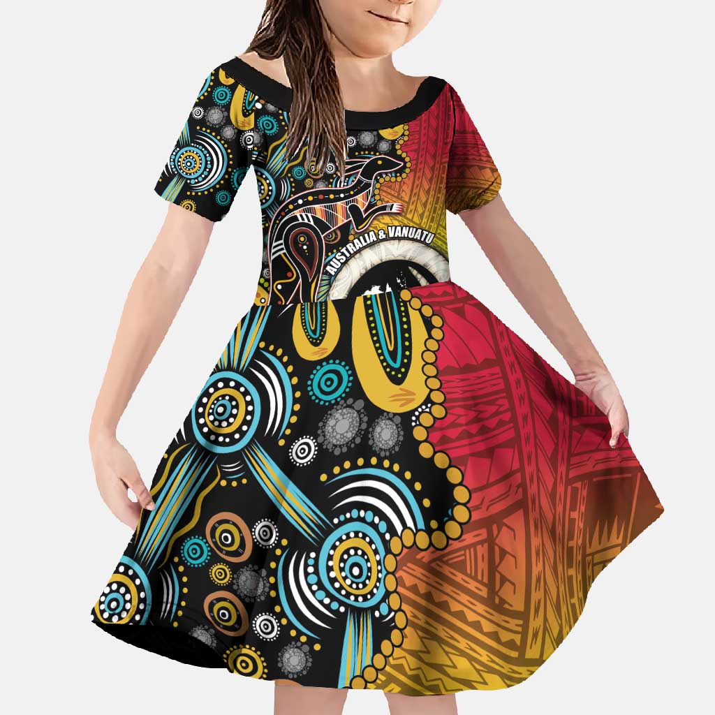 Vanuatu and Australia Together Family Matching Mermaid Dress and Hawaiian Shirt Kangaroo with Pig Tusk Indigenous Pattern LT03 Daughter's Dress Black - Polynesian Pride