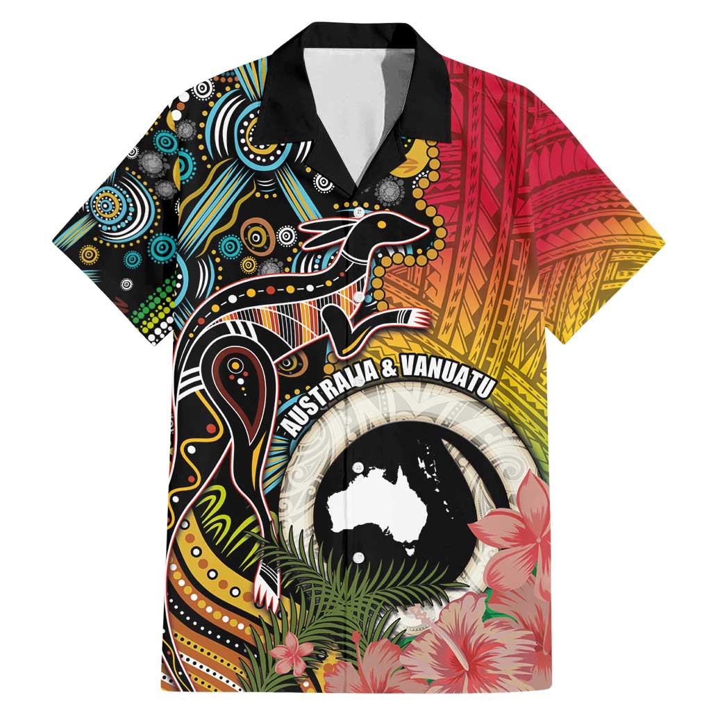 Vanuatu and Australia Together Family Matching Mermaid Dress and Hawaiian Shirt Kangaroo with Pig Tusk Indigenous Pattern LT03 Dad's Shirt - Short Sleeve Black - Polynesian Pride
