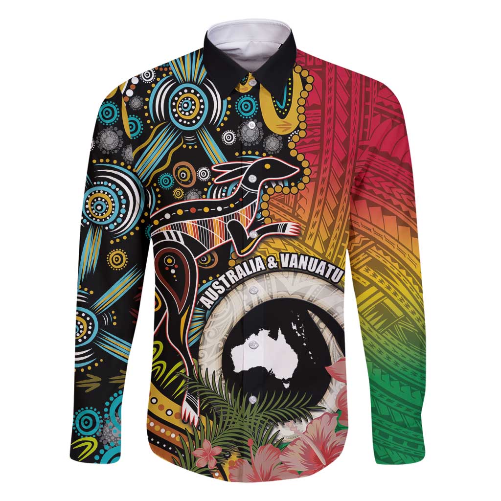 Vanuatu and Australia Together Family Matching Mermaid Dress and Hawaiian Shirt Kangaroo with Pig Tusk Indigenous Pattern LT03 Dad's Shirt - Long Sleeve Black - Polynesian Pride
