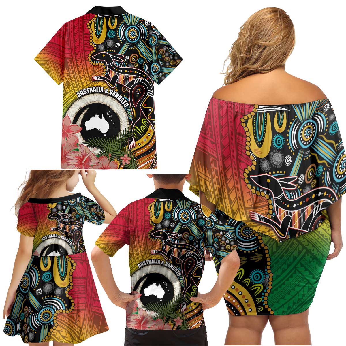 Vanuatu and Australia Together Family Matching Off Shoulder Short Dress and Hawaiian Shirt Kangaroo with Pig Tusk Indigenous Pattern