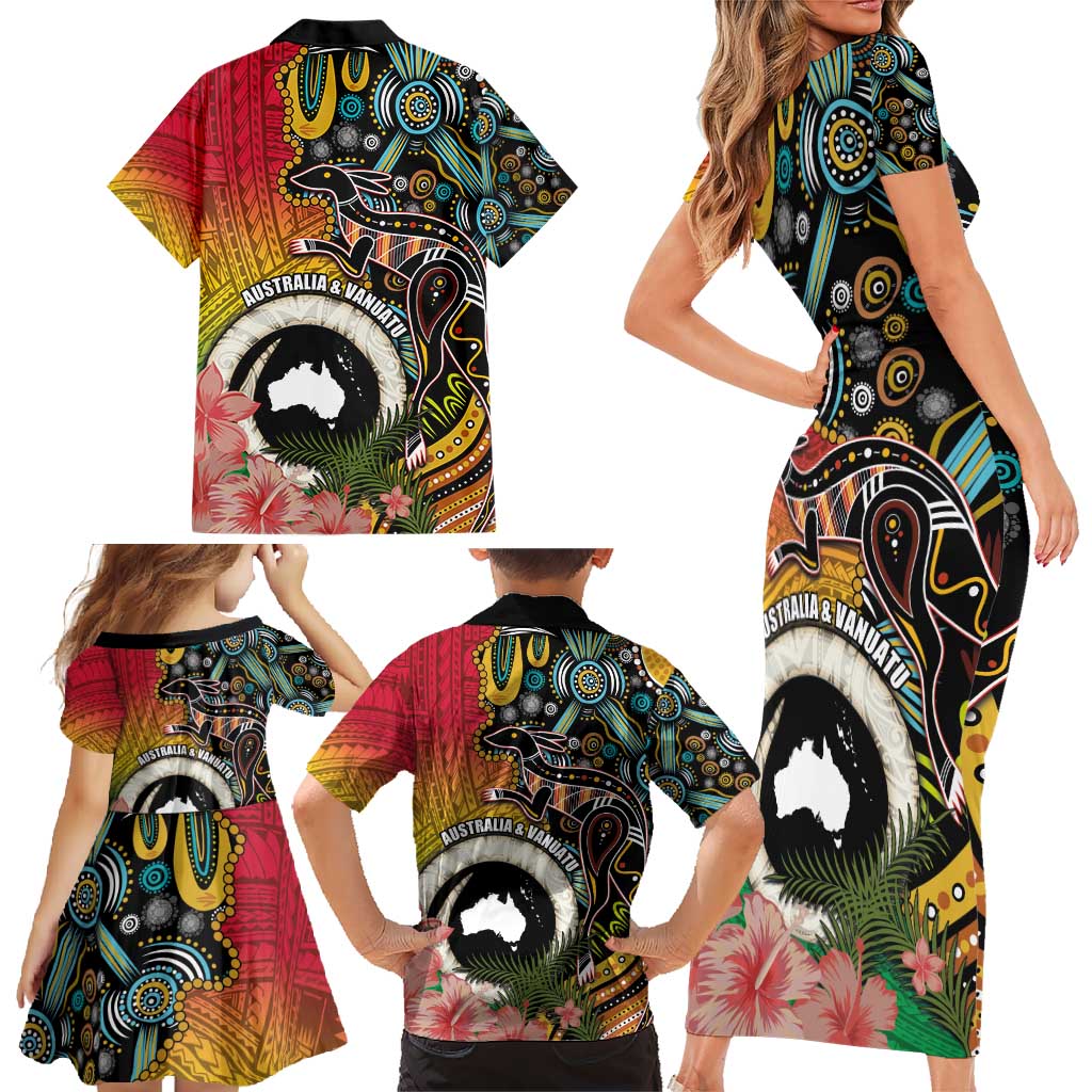 Vanuatu and Australia Together Family Matching Short Sleeve Bodycon Dress and Hawaiian Shirt Kangaroo with Pig Tusk Indigenous Pattern LT03 - Polynesian Pride