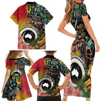 Vanuatu and Australia Together Family Matching Short Sleeve Bodycon Dress and Hawaiian Shirt Kangaroo with Pig Tusk Indigenous Pattern LT03 - Polynesian Pride