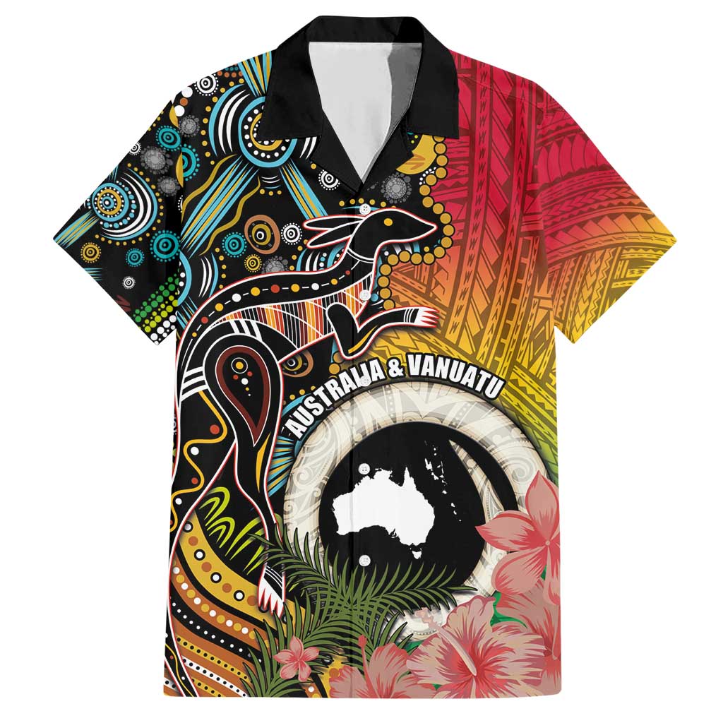Vanuatu and Australia Together Family Matching Short Sleeve Bodycon Dress and Hawaiian Shirt Kangaroo with Pig Tusk Indigenous Pattern LT03 Dad's Shirt - Short Sleeve Black - Polynesian Pride