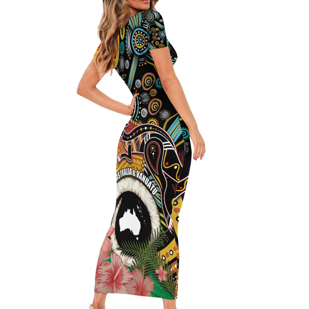 Vanuatu and Australia Together Family Matching Short Sleeve Bodycon Dress and Hawaiian Shirt Kangaroo with Pig Tusk Indigenous Pattern LT03 - Polynesian Pride