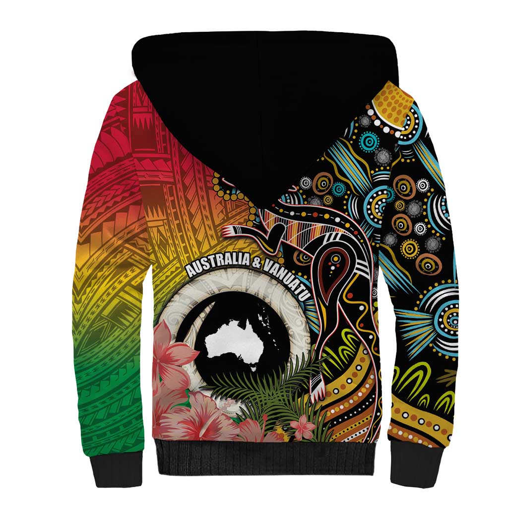 Vanuatu and Australia Together Sherpa Hoodie Kangaroo with Pig Tusk Indigenous Pattern