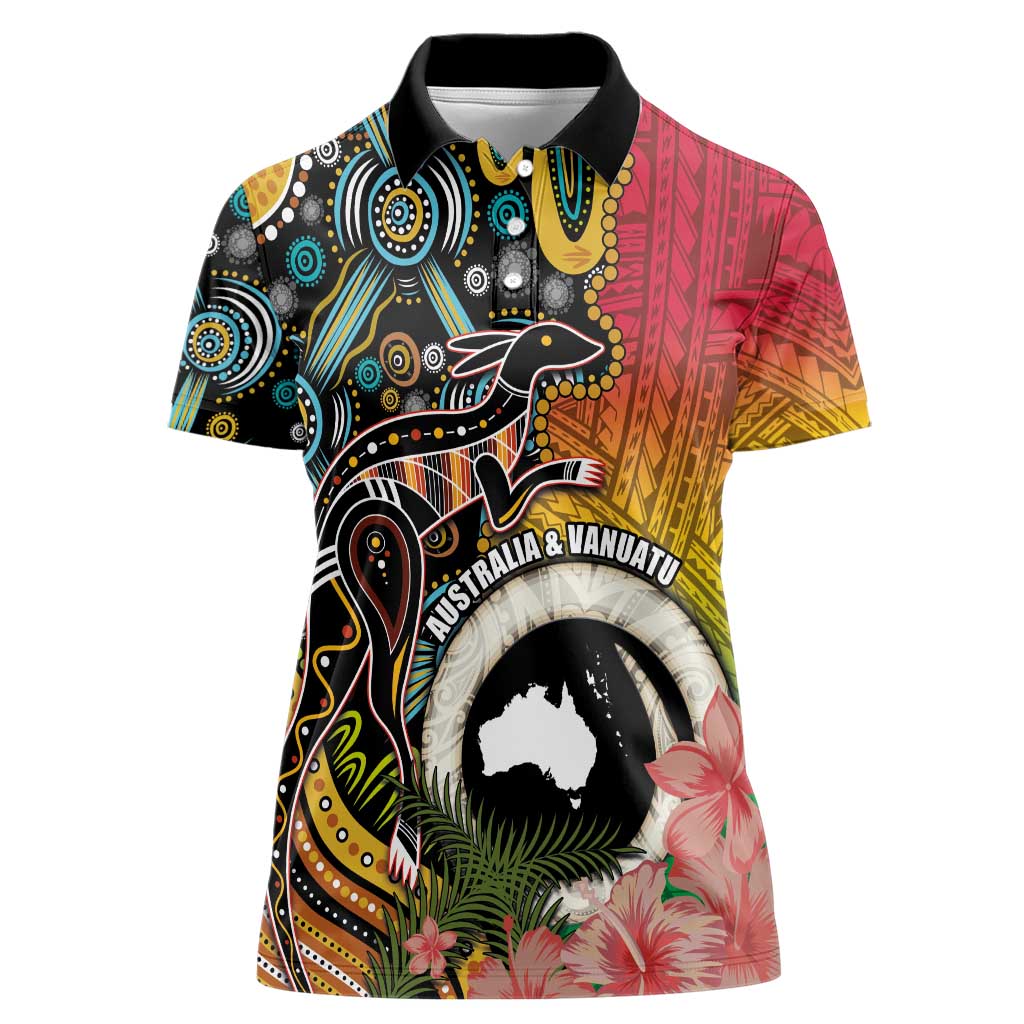 Vanuatu and Australia Together Women Polo Shirt Kangaroo with Pig Tusk Indigenous Pattern